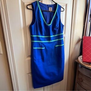 Anne Klein Azure Blue Sheath Dress with Green Trim – Size 8 (NWT)